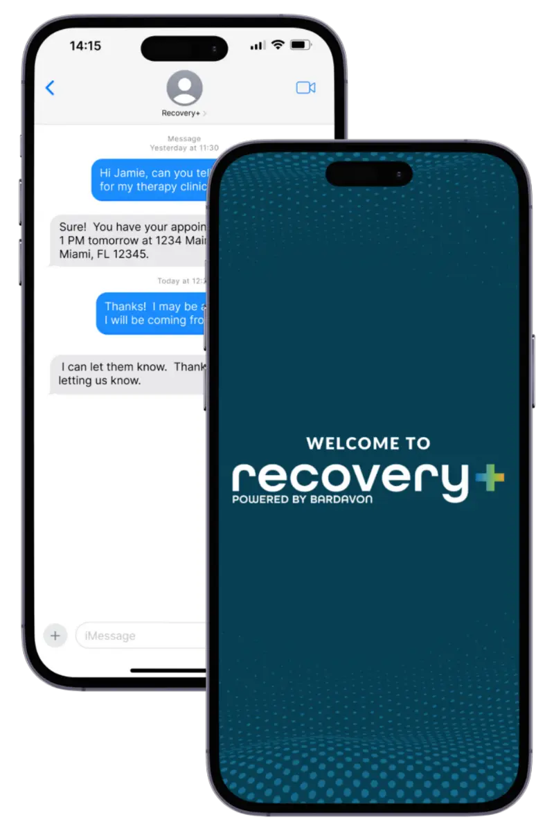 Recovery+ phone screen and text message communication example